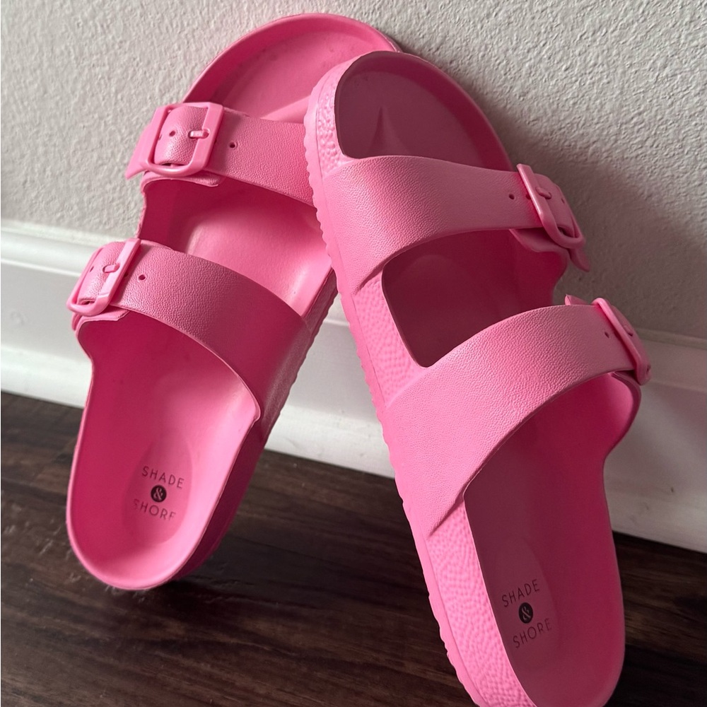 Shade & Shore Bright Neon Pink Double Strap Summer Sandals Slides - Picture 1 of 10